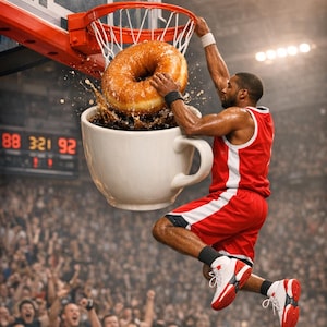 Puede incluir: Un jugador de baloncesto con uniforme rojo encesta una rosquilla glaseada en una taza de café gigante. La taza está llena de café y la rosquilla pasa por el aro de baloncesto. La multitud anima en el fondo.