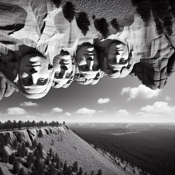 World Upside Down Series:  Mount Rushmore Upside Down.  A fanciful black and white digital image of Mount Rushmore turned upside down.