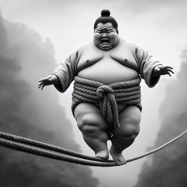 Tightrope Series: Sumo Worrier. A whimsical digital image of a Sumo wrestler who is distressed to find himself up on a tightrope.