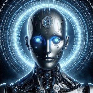 Może przedstawiać: Srebrny robot z ludzką twarzą i świecącymi niebieskimi oczami. Robot jest otoczony niebieskim i białym cyfrowym pierścieniem z kodem binarnym.