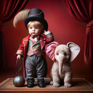 May include: A young child dressed as a ringmaster stands with a white elephant with pink ears. The child is wearing a red and gold jacket, a black top hat, and grey pants. The child is holding a silver ball on a chain. The child and elephant are standing on a brown stage with red curtains in the background.