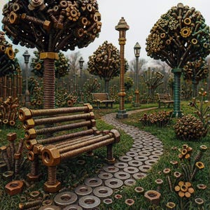 Op de afbeelding: Een grillig parktafereel volledig gemaakt van moeren en bouten. Bomen, banken en een kronkelend pad zijn gemaakt van metalen hardware. De scène speelt zich af in een grasrijk gebied met bloemen gemaakt van moeren en bouten.