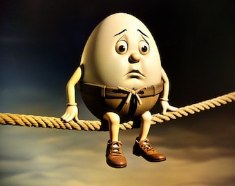 Tightrope Series:  And I Thought That Wall Was Bad!   Humpty Dumpty&#39;s Dilemma.  A digital image by Willful Wall Art.