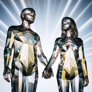 Puede incluir: Dos figuras con forma humana y superficie facetada y espejada que se toman de la mano. Las figuras presentan un diseño geométrico de polígonos con tonos reflectantes plateados, dorados y gris oscuro sobre un fondo de luz brillante y radiante.