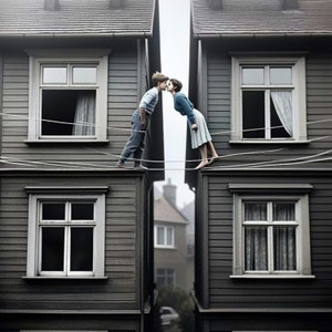 May include: A conceptual image shows two people kissing on a wire stretched between two grey buildings. The buildings have white-framed windows. One person wears a striped top, the other a blue sweater. The scene evokes a sense of precariousness.