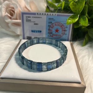 Puede incluir: Un brazalete de piedras preciosas azules compuesto por cuentas rectangulares. El brazalete se exhibe sobre una superficie blanca dentro de una caja dorada. Un certificado y vegetación en el fondo.