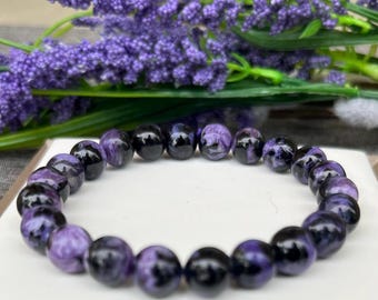 Bracciale con perle di charoite viola rara / Gioielli in pietra naturale