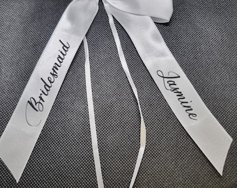 Personalised Bows Decor, wedding satin ribbon White Bow's,tie wrap, bottle wine glass , Bridesmaid , wedding Party Name Bows, basket gift ,