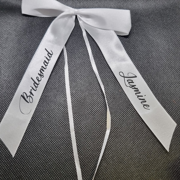 Personalised Bows Decor, wedding satin ribbon White Bow's tie wrap, bottle  glass ,  wedding Party Name Bows, Table plate tag basket gift ,