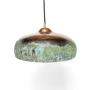 May include: A copper pendant light with a green patina finish. The light has a rounded, dome-shaped shade.