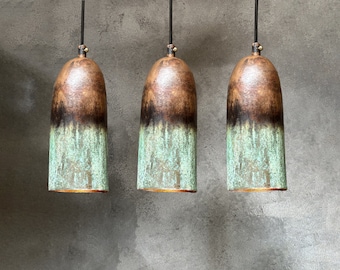 Set Of 3 Oxidized Copper Pendant Lights , Green Patina Farmhouse Light Fixture , Set Of Three Long Copper Pendant Lamps