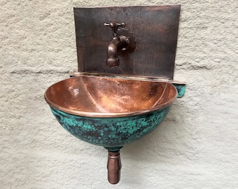 Wall Mount Copper Sink: Green Patina Bathroom Basin with Aged Finish and Faucet