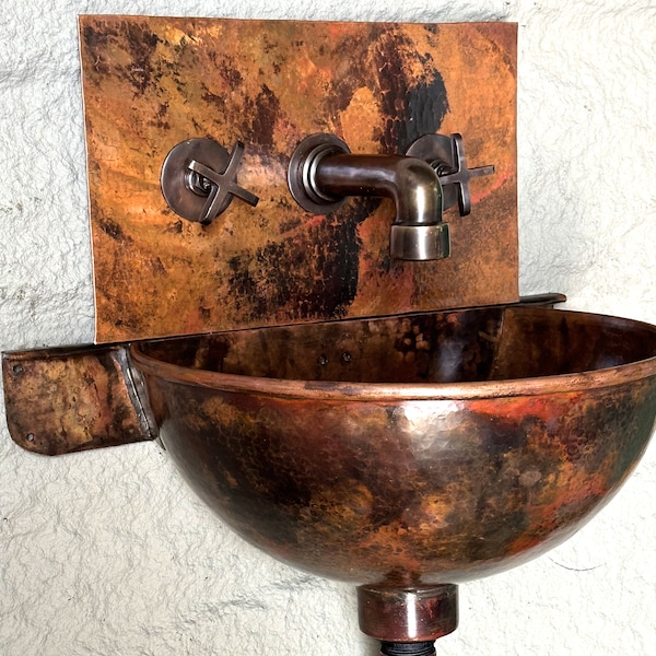 Handcrafted Copper Wall Mounted Bathroom Sink with Mixer Faucet