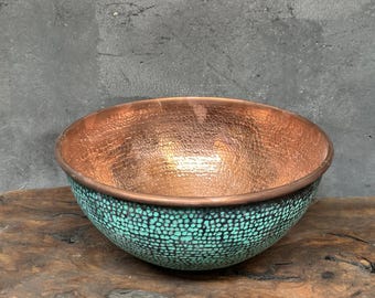 Hammered Dark Green Copper Washbasin : Oxidized Round Sink for Rustic Bathroom Decor