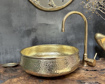 Round Hammered Brass Bathroom Sink,  Round Vessel Sink Vanity