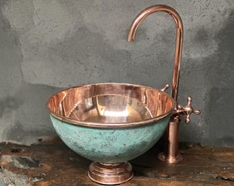 Green Patina Copper Sink Bathroom, Handmade Round Basin Vanity Sink