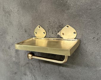 Porta-papel higiênico de latão sem verniz com prateleira: suporte de parede para papel higiênico em latão maciço.
