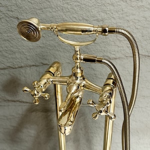 Unlacquered Brass Freestanding Tub Filler Faucet, Solid Brass Bathtub Faucet With Hand Shower