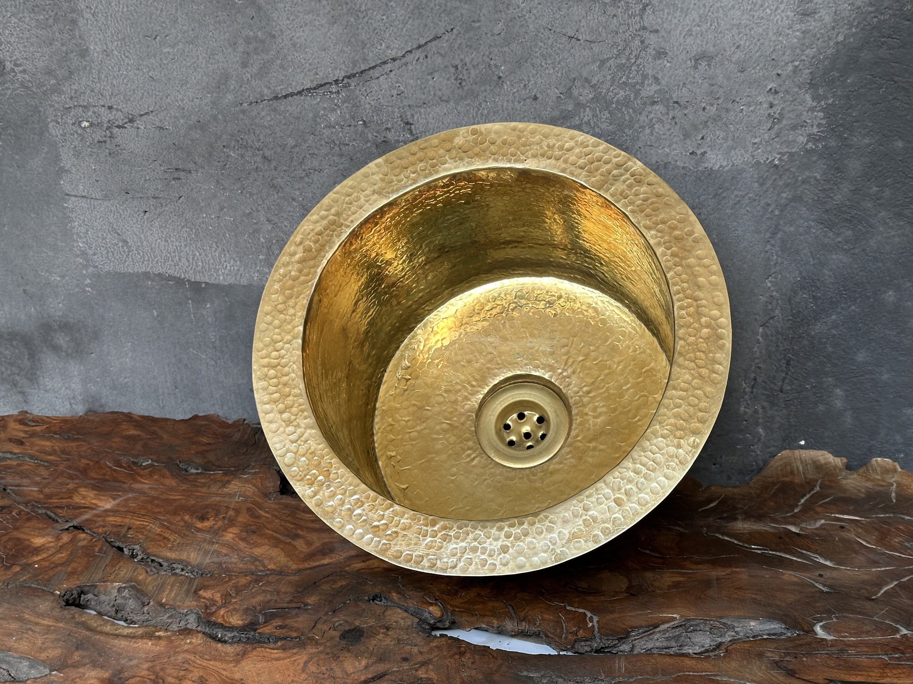 Hammered Unlacquered Brass Round Bar Sink including drain ,Handcrafted Brass Round Sink