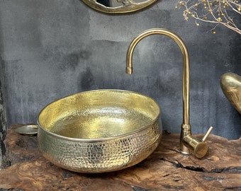 Round Hammered Brass Bathroom Sink,  Round Vessel Sink Vanity