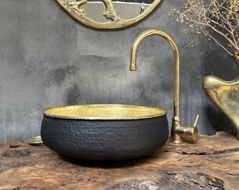 Black Round Brass Bathroom Sink,  Black Round Vessel Sink Vanity