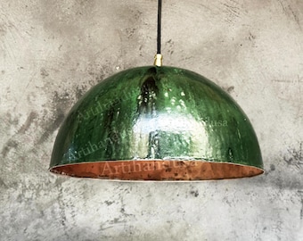 Green Ceramic Copper Island Kitchen Lighting, Green Dome Pendant Light