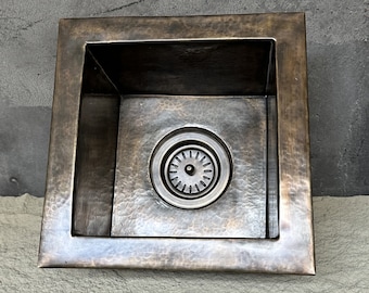 Antique Bronze Undermount Bar Sink, Hammered Brass Kitchen Prep Sink, Square Kitchen sink Including Sink Drain