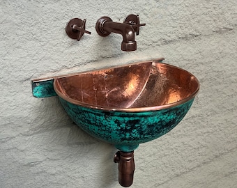 Oxidized Copper Wall Mounted Bathroom Sink , Green Patina Copper Hung Basin with Faucet
