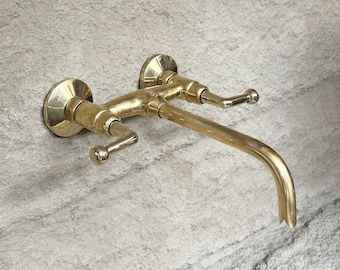 Unlacquered Brass Tub Filler Faucet: Solid Brass Wall Mount with Lever Handles