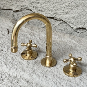 Unlacquered Brass Widespread Bathroom Faucet With Cross Handles , Solid Brass Vanity Faucet