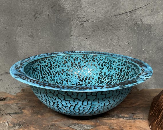 Copper Drop-In Vessel Sink:  Handmade Blue Patina Bathroom Wash Basin for Rustic Decor