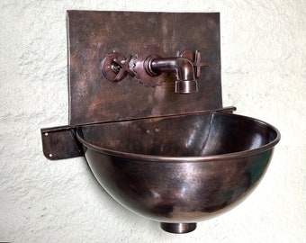 Vintage Hammered Copper Wall Mounted Bathroom Sink with Faucet