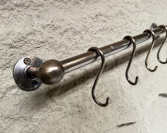 Oil Rubbed Bronze Wall Mounted Pot Rack With Hooks , Brass Kitchen Hanging Rail