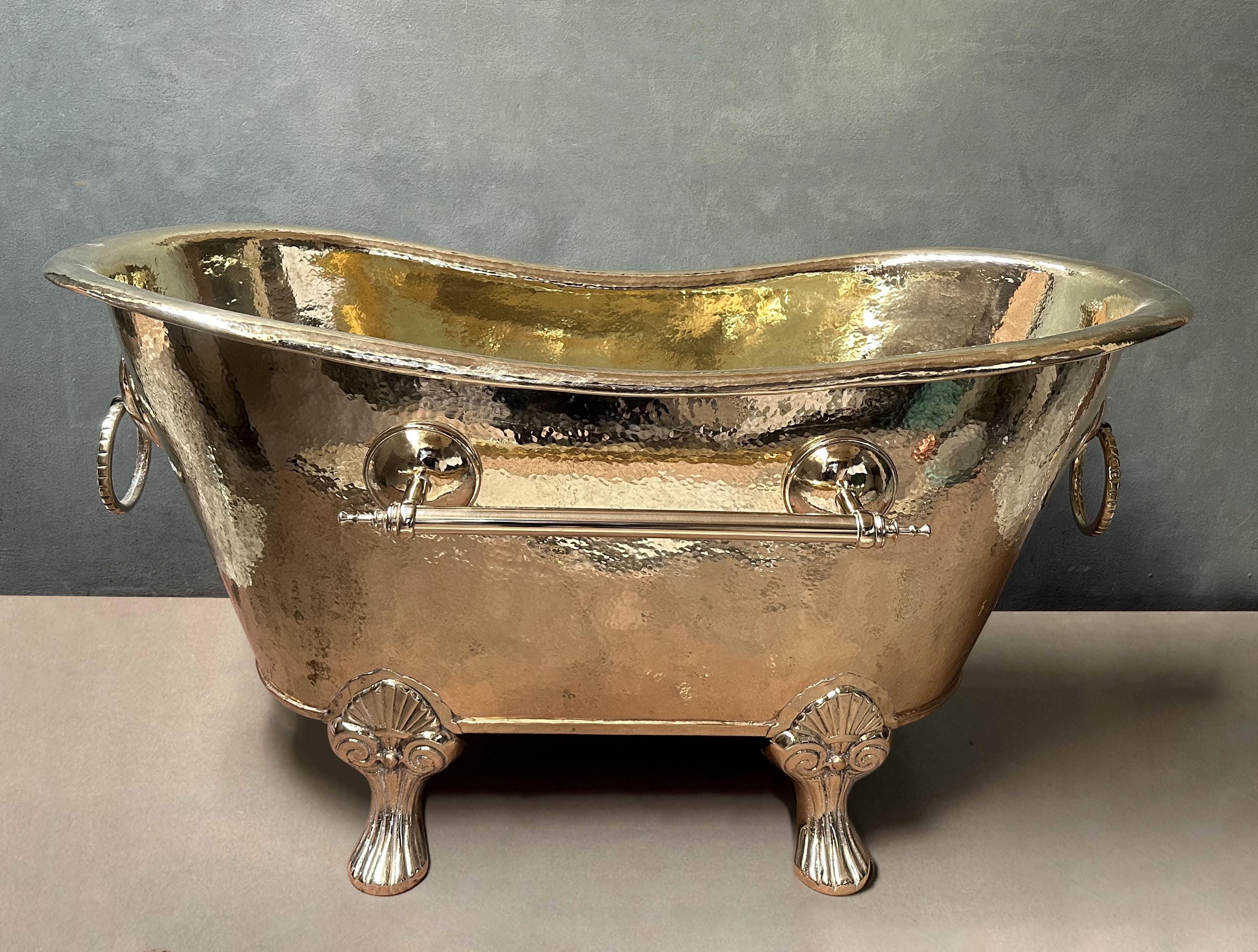 Unlacquered Brass Clawfoot Bathtub: Outdoor Soaking Tub with Towel Holder