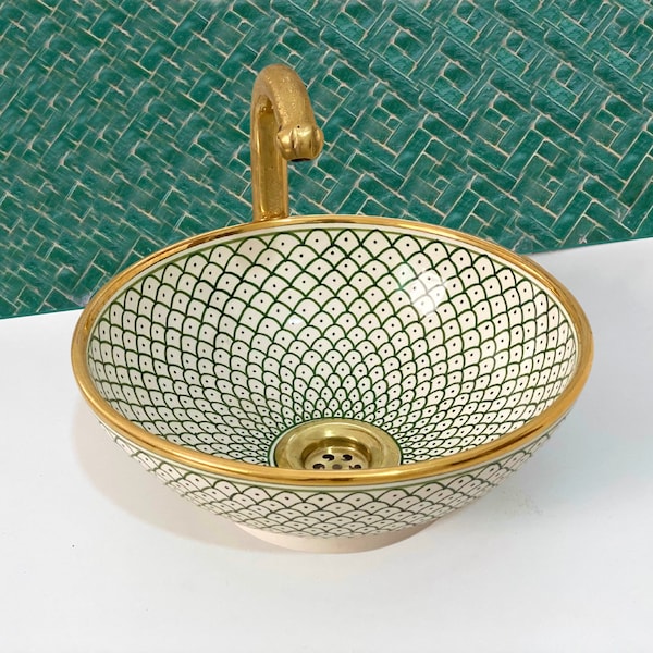 14 karat washbasin fregadero - tazón de fregadero marroquí de oro - recipiente de tocador verde de mediados de siglo - cuenca de lavado de b