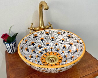 Orange Ceramic Vessel Sink- Farmhouse Sink, Bathroom Vanity Sink, Yellow Countertop Basin,   #6