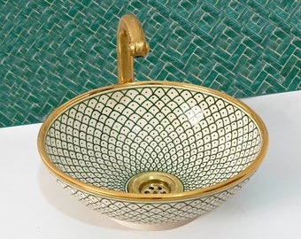 Fregadero de lavabo de 14 quilates - Fregadero marroquí de oro - Recipiente de tocador verde de mediados de siglo - Lavabo de baño #1