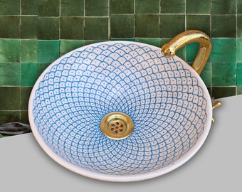 Fish wash basin sink, Hand painted vessel Sink, Moroccan handmade Sink  Bowl, Blue Vanity Sink #2