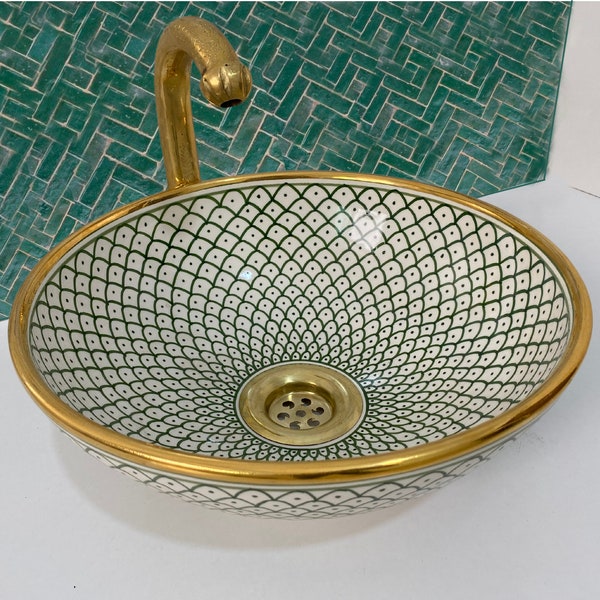 14 karat washbasin fregadero - tazón de fregadero marroquí de oro - recipiente de tocador verde de mediados de siglo - cuenca de lavado de b