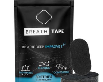 May include: A black pouch with a white logo that says "BREATH TAPE" and the text "BREATHE DEEP, IMPROVE ZZZ". The pouch contains 30 black strips of breathable, flexible, and comfortable tape. The text on the pouch also says "30 STRIPS, 1 MONTH SUPPLY".