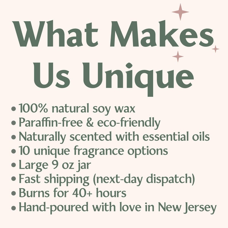 The image is a list of features that make a product unique, including 100% natural soy wax, being paraffin-free and eco-friendly, being naturally scented with essential oils, having 10 unique fragrance options, being a large 9 oz jar, having fast shipping, and burning for 40+ hours. The product is hand-poured with love in New Jersey.