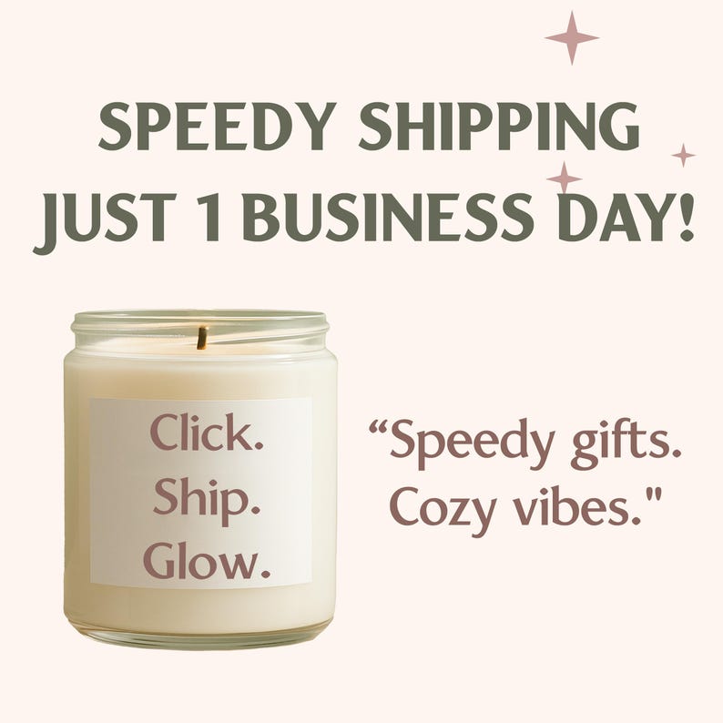 a candle labeled "Speedy shipping just 1 business day" and a quote about the benefits of a "Speedy gifts. Cozy vibes."