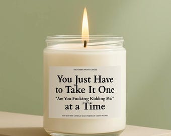 May include: A lit candle in a clear glass jar with a white label. The label reads "You Just Have to Take It One 'Are You Fucking Kidding Me?' at a Time." The candle is hand-poured and made with soy wax.
