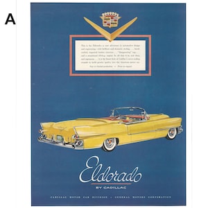 May include: A yellow 1955 Cadillac Eldorado convertible with a red interior. The car is parked on a blue background with the Cadillac logo and text "Eldorado by Cadillac" at the bottom.