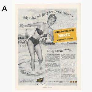 May include: A vintage advertisement for Hertz car rental featuring a woman in a swimsuit standing on a beach with a car in the background. The ad text reads "Make a date with Hertz for a glorious holiday... Rent a new car from Hertz and drive it yourself."