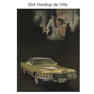 May include: Vintage advertisement featuring a gold 1971 Cadillac Hardtop de Ville. The car is positioned in the foreground with a black background. The ad includes a scene of people interacting with crystal glassware. The text "004 Hardtop de Ville" is at the top.