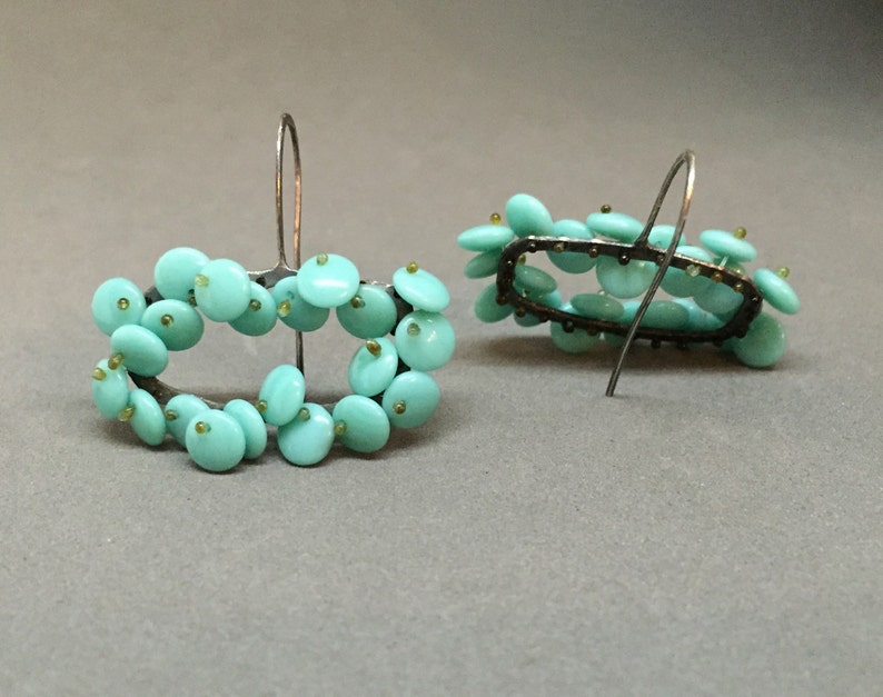 short drop earrings in turquoise aqua beaded dangle kinetic earrings oxidized sterling art earrings sculptural statement earrings image 4