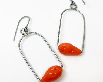 orange swing earrings vintage glass earrings oxidized silver earrings dangle earrings everyday earrings bright orange earrings