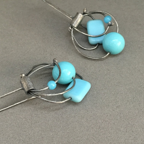 blue dangle earrings kinetic earrings oxidized sterling sculptural statement earrings whimisical vintage