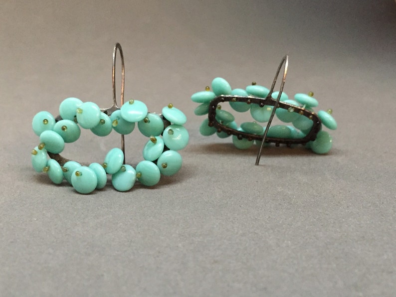 short drop earrings in turquoise aqua beaded dangle kinetic earrings oxidized sterling art earrings sculptural statement earrings image 2